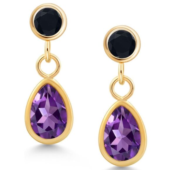 14K Yellow Gold with 0.92 Cttw Amethyst and Black Onyx Post Back Drop Earrings - Picture 1 of 4